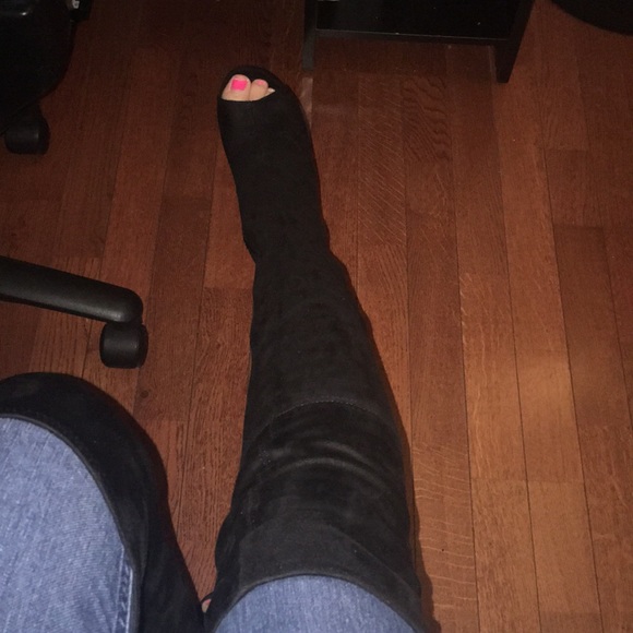 Shoes - Black open toe knee high boots size 36